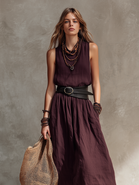 Abito Maxi Senza Maniche in Cotone-Lino Magenta Casual da Donna con Collo Rotondo (Cintura Non Inclusa)
