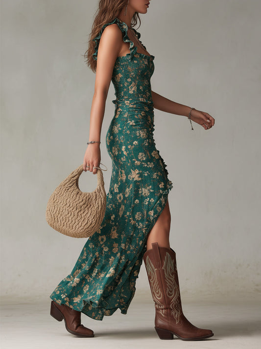 Abito Maxi Boho Retro con Maniche Volant e Spacco Alto