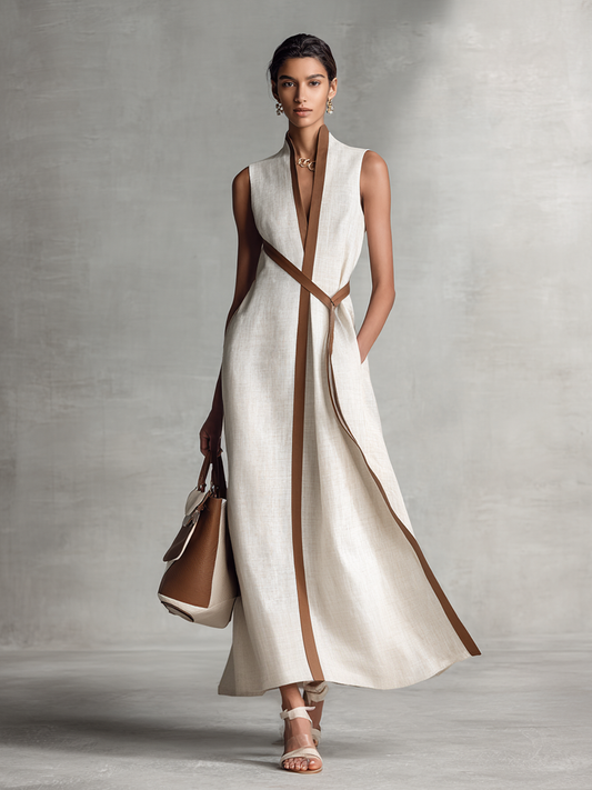 Abito Maxi in Cotone e Lino Senza Maniche con Scollatura a V e Cintura da Annodare per Donne