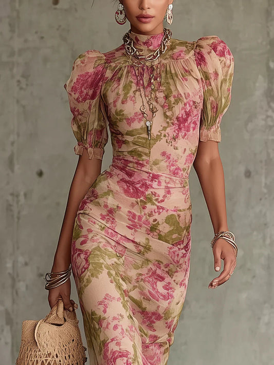 Abito lungo con stampa vintage a rose e maniche a sbuffo