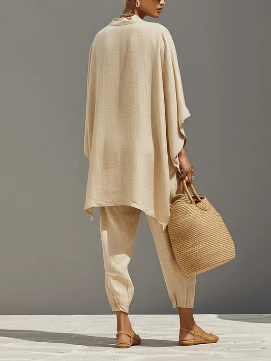 Arianna | Top e Pantaloni Jogger Minimalisti con Orlo Asimmetrico Color Khaki Chiaro