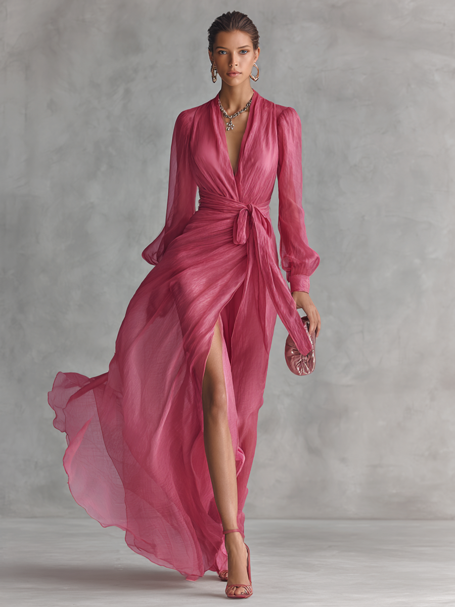 Robe Longue Élégante Femme en Chiffon Rosa Poudré con Perle, Décolleté a V e Vita Legata