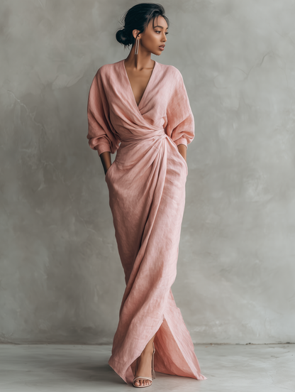 Abito Maxi Minimalista con Scollatura a V in Mistura di Lino Rosa per Donne