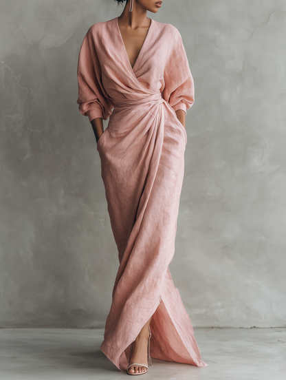 Abito Maxi Minimalista con Scollatura a V in Mistura di Lino Rosa per Donne