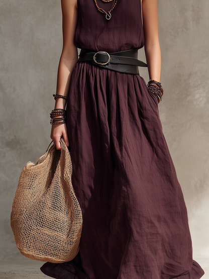 Abito Maxi Senza Maniche in Cotone-Lino Magenta Casual da Donna con Collo Rotondo (Cintura Non Inclusa)