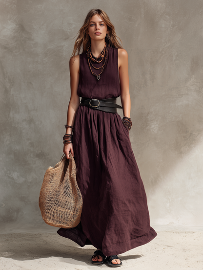 Abito Maxi Senza Maniche in Cotone-Lino Magenta Casual da Donna con Collo Rotondo (Cintura Non Inclusa)