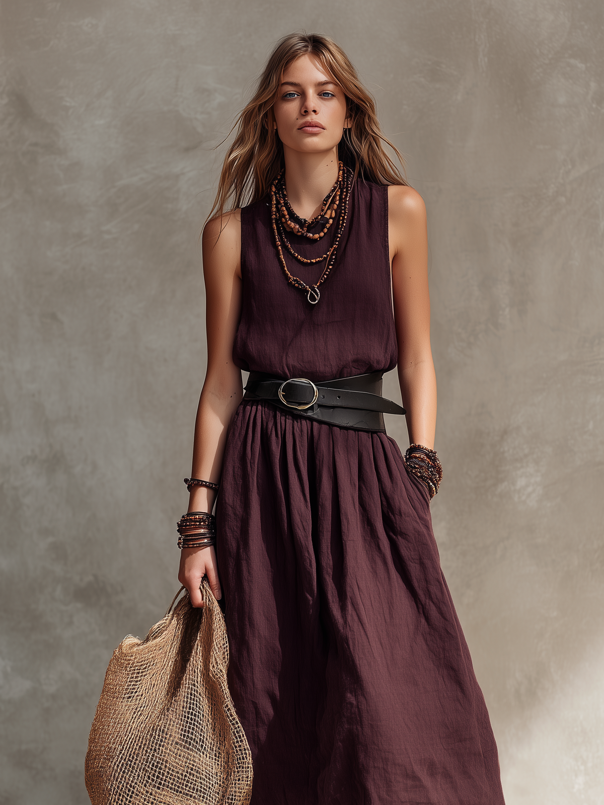 Abito Maxi Senza Maniche in Cotone-Lino Magenta Casual da Donna con Collo Rotondo (Cintura Non Inclusa)