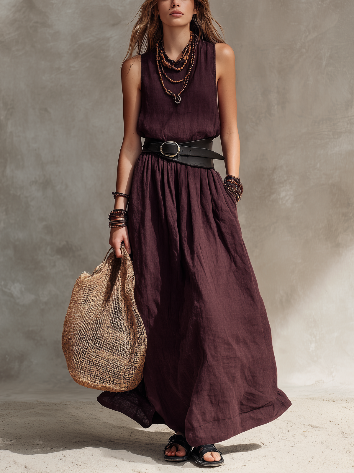 Abito Maxi Senza Maniche in Cotone-Lino Magenta Casual da Donna con Collo Rotondo (Cintura Non Inclusa)