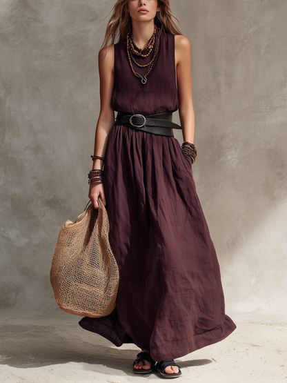 Abito Maxi Senza Maniche in Cotone-Lino Magenta Casual da Donna con Collo Rotondo (Cintura Non Inclusa)