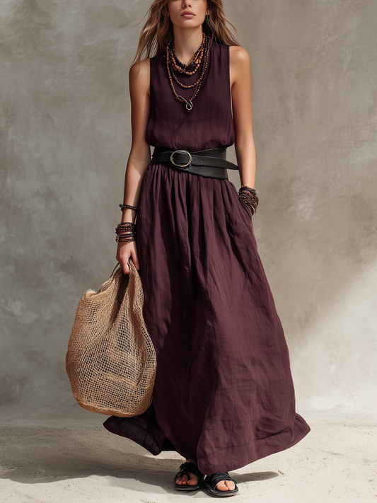 Abito Maxi Senza Maniche in Cotone-Lino Magenta Casual da Donna con Collo Rotondo (Cintura Non Inclusa)