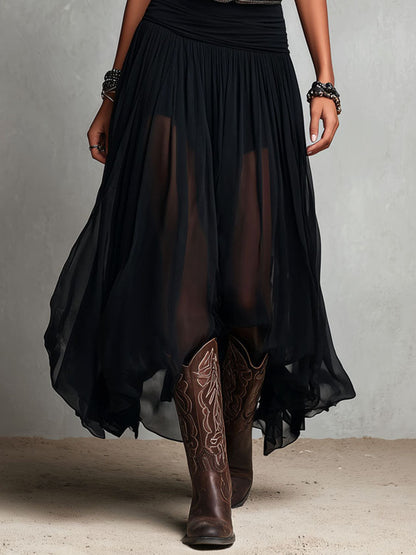 Abito Maxi Stretchy Nero Boho Western con Gonna Trasparente