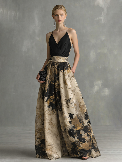 Abito Maxi Elegante Donna Nero e Beige Stampa Astratta Scollo a V con Spalline