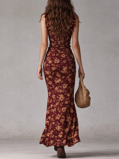 Abito Maxi Boho Retro con Maniche Volant e Spacco Alto