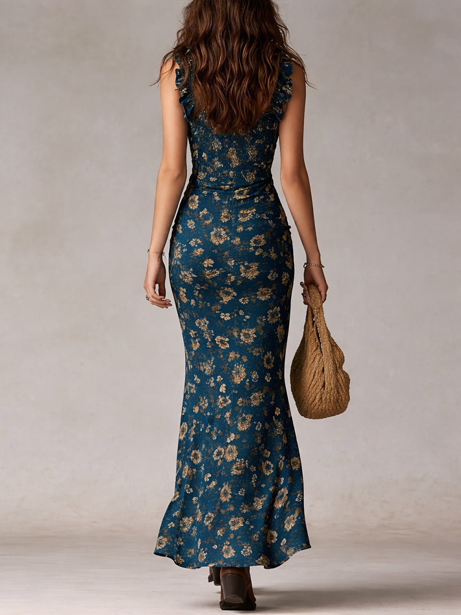 Abito Maxi Boho Retro con Maniche Volant e Spacco Alto