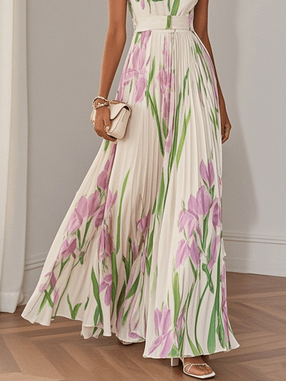 Robe Maxi A-Line Senza Maniche con Collo Quadrato in Chiffon Floreale Plissettato Bianco