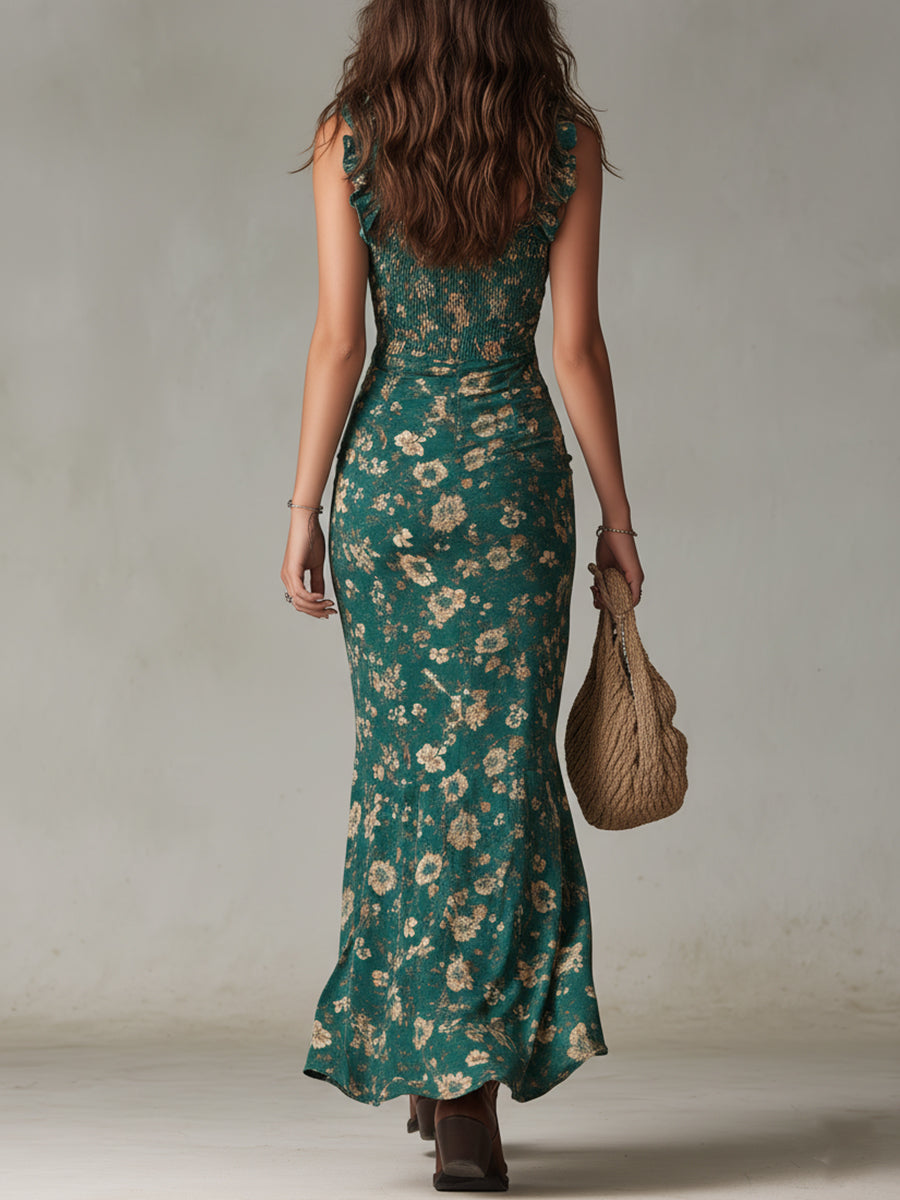 Abito Maxi Boho Retro con Maniche Volant e Spacco Alto