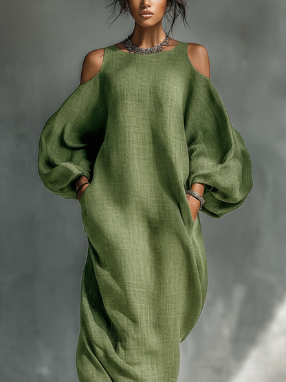 Abito maxi donna verde chiaro con spalle scoperte, maniche a sbuffo oversize e tasche laterali