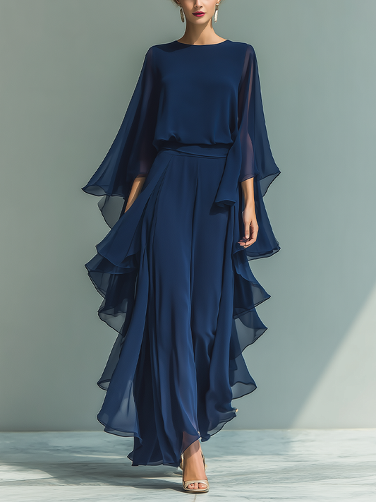Completo Donna Top Chiffon Blu Marino Con Maniche A Campana E Pantaloni Dritti Con Dettagli Volant