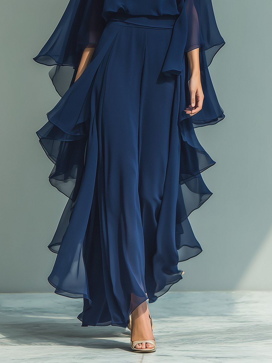 Completo Donna Top Chiffon Blu Marino Con Maniche A Campana E Pantaloni Dritti Con Dettagli Volant