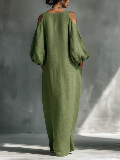 Abito maxi donna verde chiaro con spalle scoperte, maniche a sbuffo oversize e tasche laterali