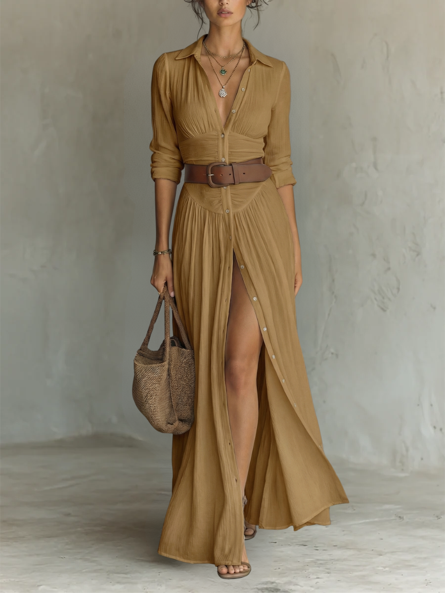 Abito Maxi con Collo Revers e Maniche Lunghe