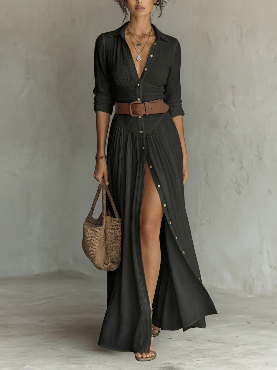 Abito Maxi con Collo Revers e Maniche Lunghe