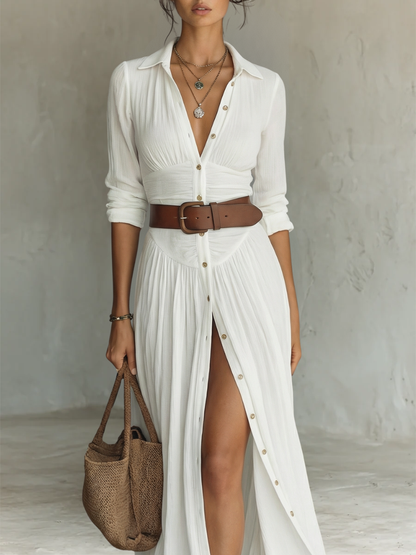 Abito Maxi con Collo Revers e Maniche Lunghe