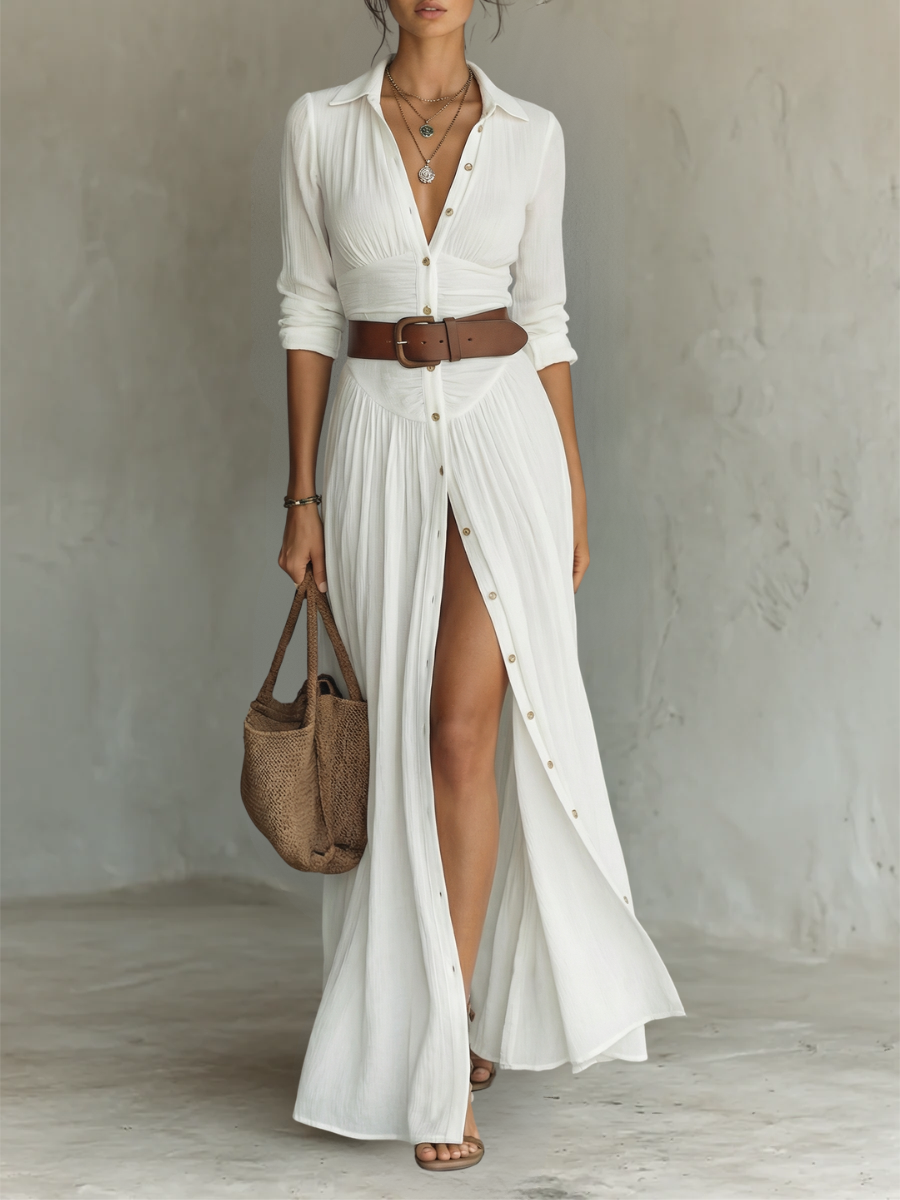 Abito Maxi con Collo Revers e Maniche Lunghe