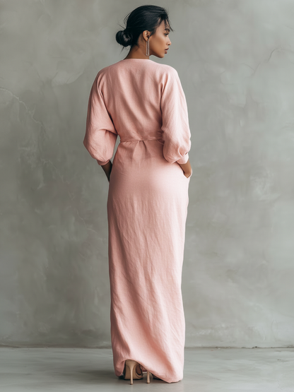 Abito Maxi Minimalista con Scollatura a V in Mistura di Lino Rosa per Donne