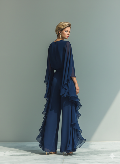Completo Donna Top Chiffon Blu Marino Con Maniche A Campana E Pantaloni Dritti Con Dettagli Volant