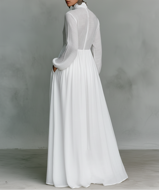 Maxi Minimalista in Cotone e Lino con Patchwork, Collo Alto e Maniche Lunghe
