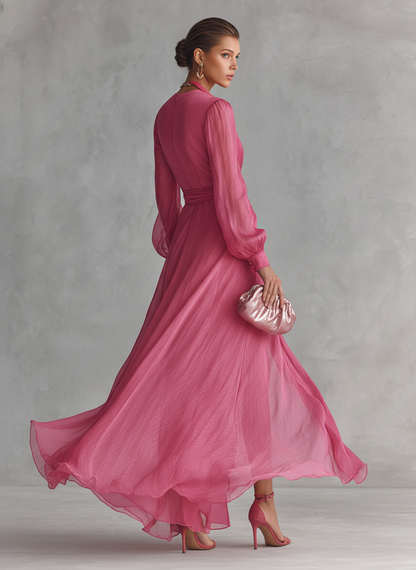 Robe Longue Élégante Femme en Chiffon Rosa Poudré con Perle, Décolleté a V e Vita Legata