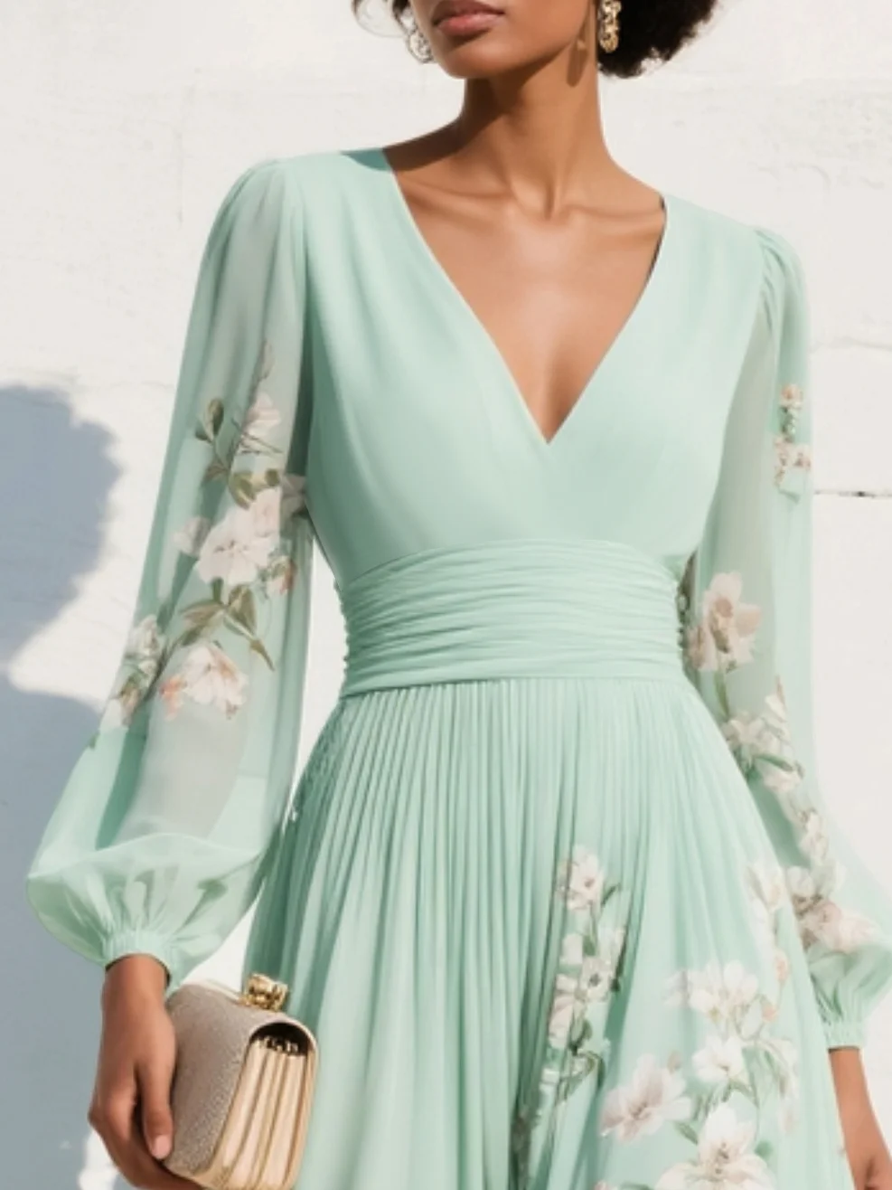 Abito Maxi Plissè in Chiffon Verde Menta con Stampa Floreale per Donne