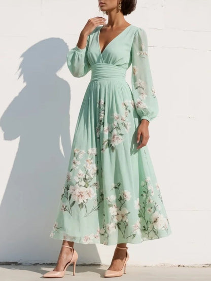 Abito Maxi Plissè in Chiffon Verde Menta con Stampa Floreale per Donne
