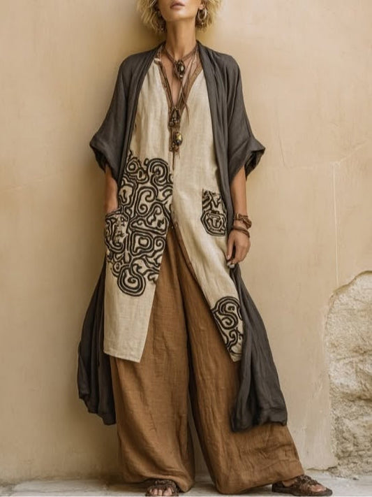Giulia | Set Tre Pezzi Bohemien Nomade Grigio Scuro e Marrone con Motivo Tribale