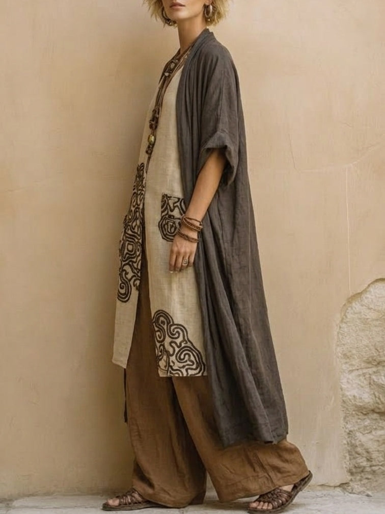 Giulia | Set Tre Pezzi Bohemien Nomade Grigio Scuro e Marrone con Motivo Tribale