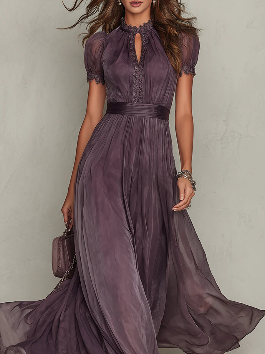 Vestito lungo viola con scollo a chiave, bordo in pizzo di chiffon