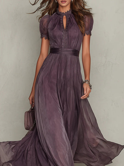 Vestito lungo viola con scollo a chiave, bordo in pizzo di chiffon
