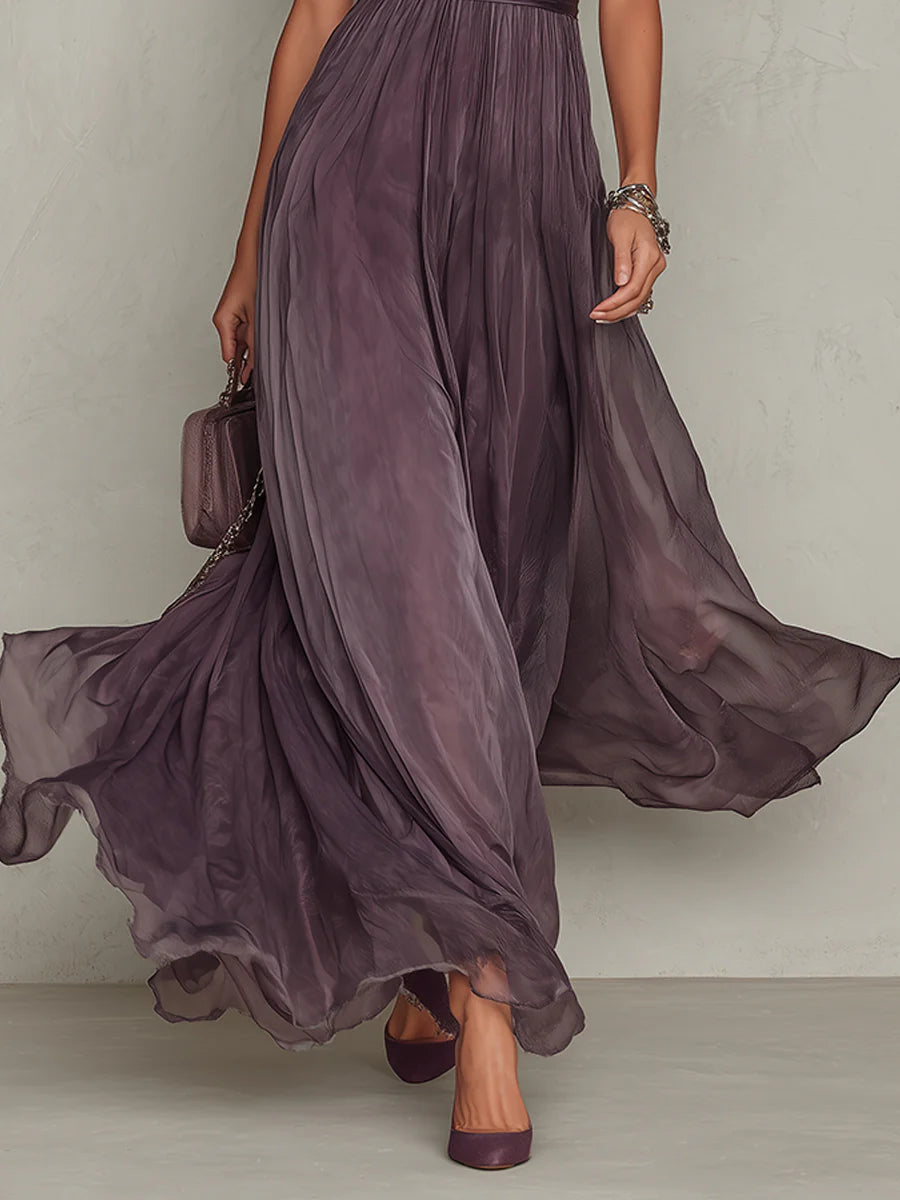 Vestito lungo viola con scollo a chiave, bordo in pizzo di chiffon