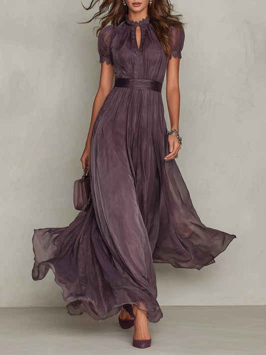 Abito lungo viola con scollo a buco della serratura, bordo in pizzo di chiffon