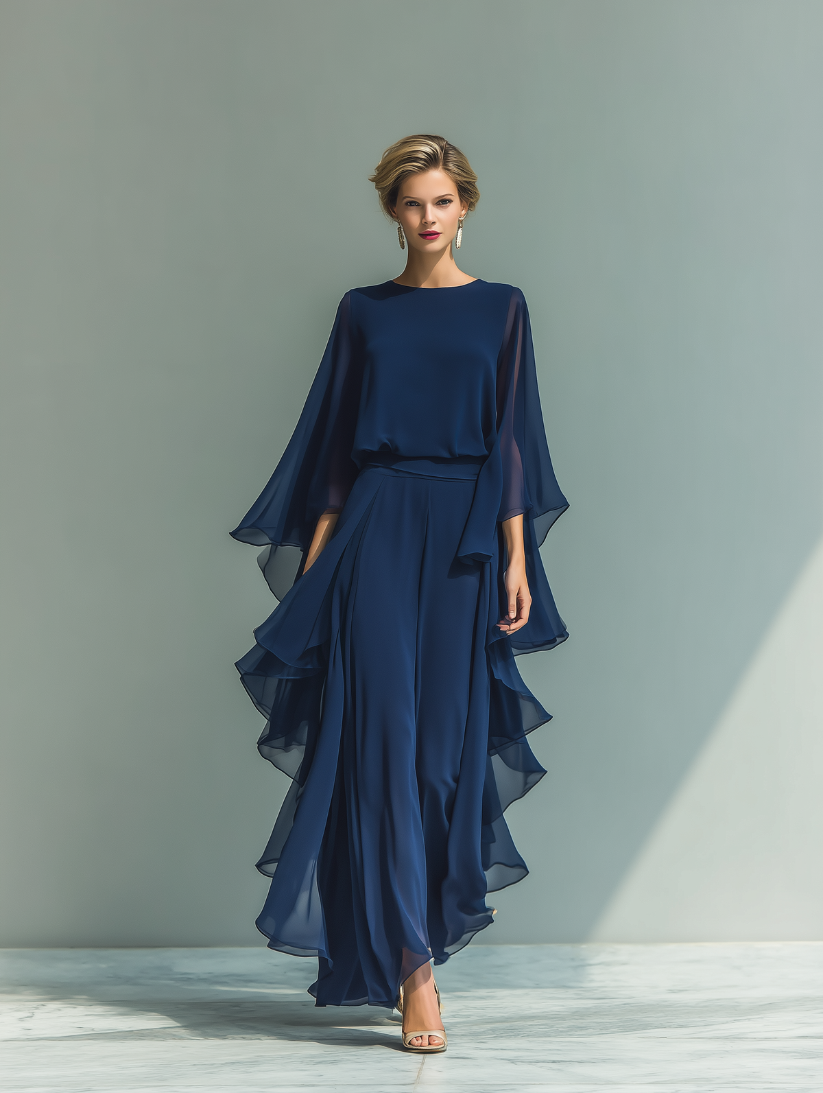 Completo Donna Top Chiffon Blu Marino Con Maniche A Campana E Pantaloni Dritti Con Dettagli Volant