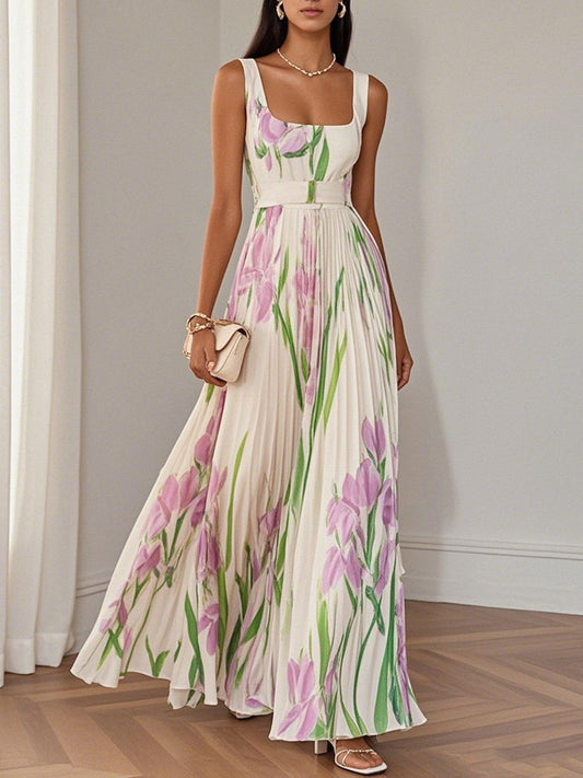 Vestito lungo svasato senza maniche con scollo quadrato in chiffon floreale plissettato bianco