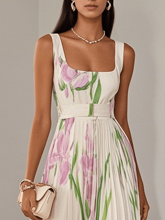 Vestito lungo svasato senza maniche con scollo quadrato in chiffon floreale plissettato bianco