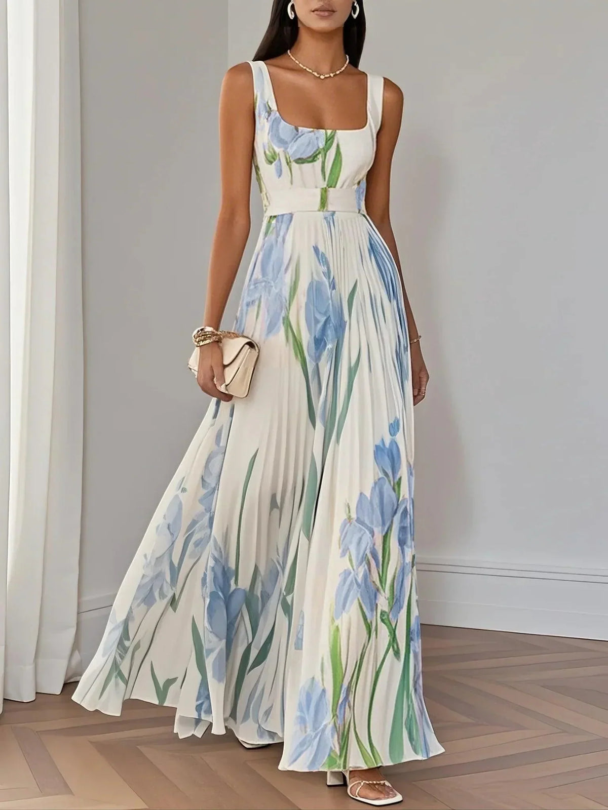 Robe Maxi A-Line Senza Maniche con Collo Quadrato in Chiffon Floreale Plissettato Bianco