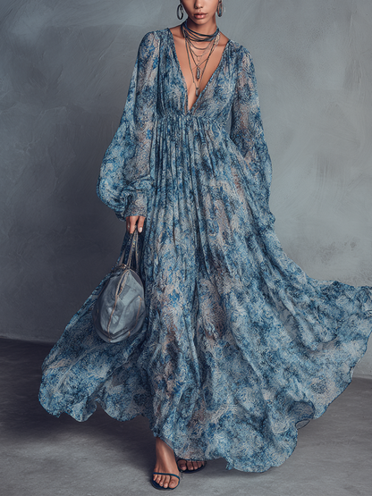 Abito maxi in chiffon con stampa floreale blu in stile bohemien per donna con scollo a V e maniche a lanterna