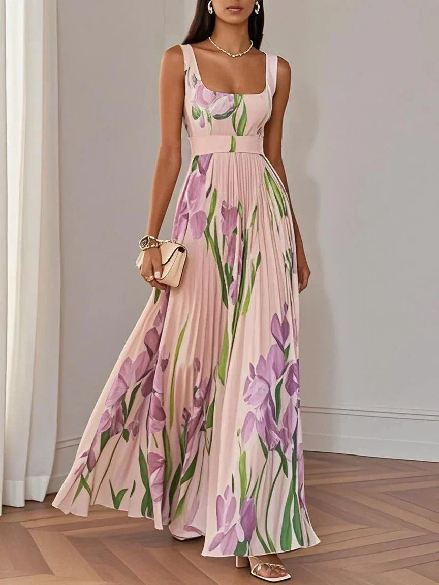 Robe Maxi A-Line Senza Maniche con Collo Quadrato in Chiffon Floreale Plissettato Bianco