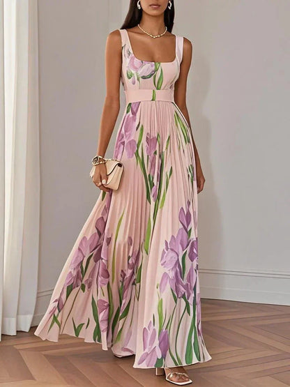 Robe Maxi A-Line Senza Maniche con Collo Quadrato in Chiffon Floreale Plissettato Bianco