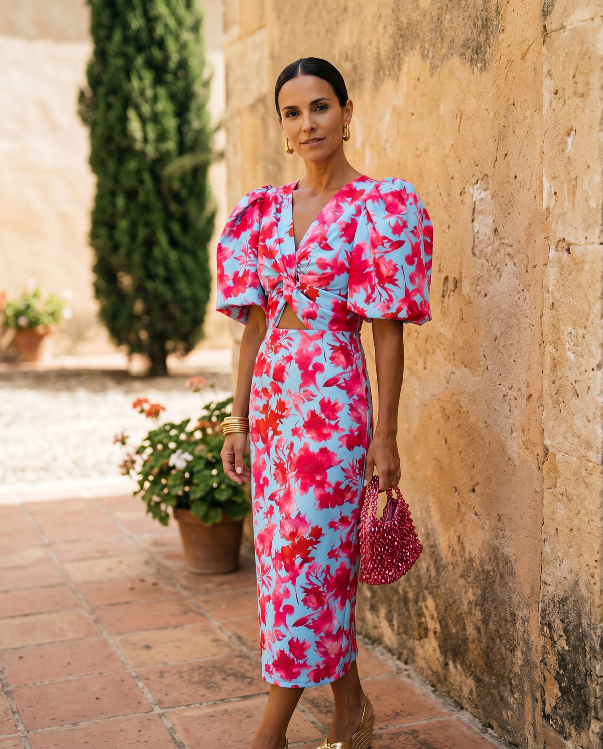 Fiamma - Vestito midi stampato con maniche ampie