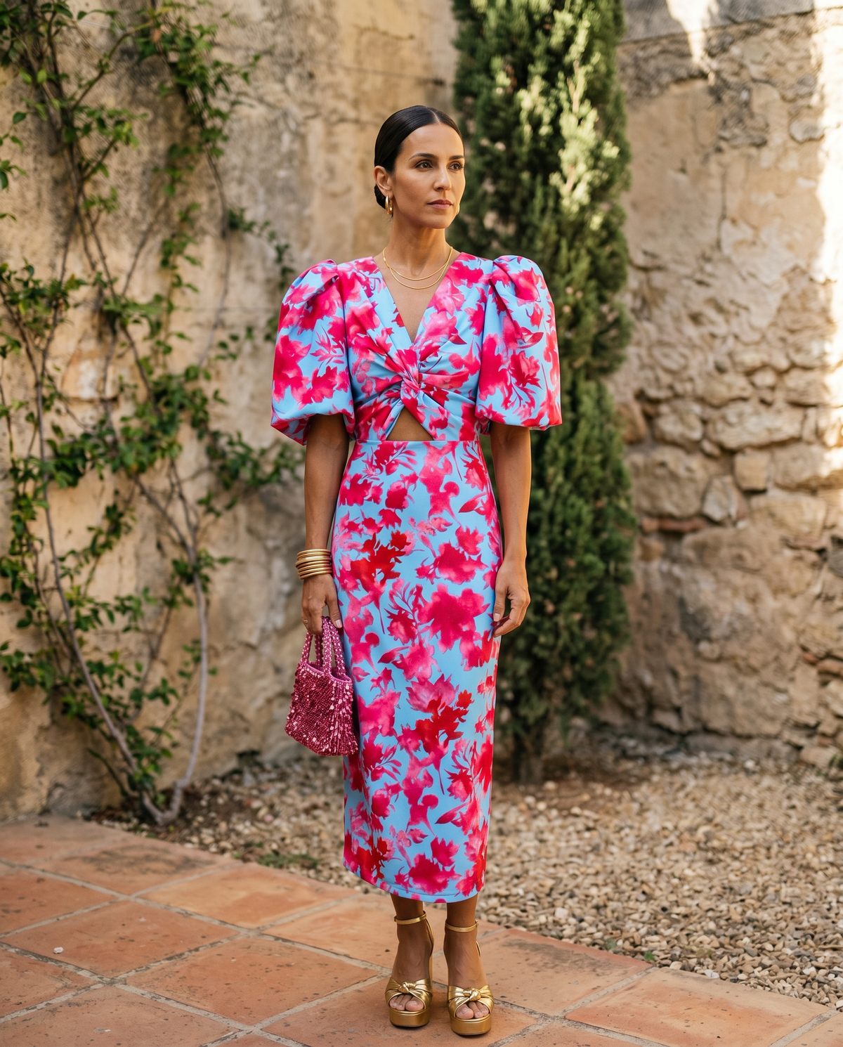 Fiamma - Vestito midi stampato con maniche ampie