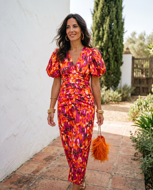 Fiamma - Vestito midi stampato con maniche ampie
